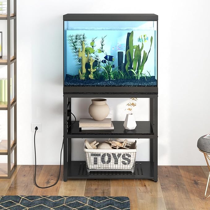 20-29 Gallon Fish Tank Stand with Power Outlets, 3-Tier Metal Aquarium Stand, Breeder Reptile Tank Stand with Shelf for Home Office, 660LBS Capacity, 29.5 x 15.8 x 30.1 inches, Black-PawvioPets