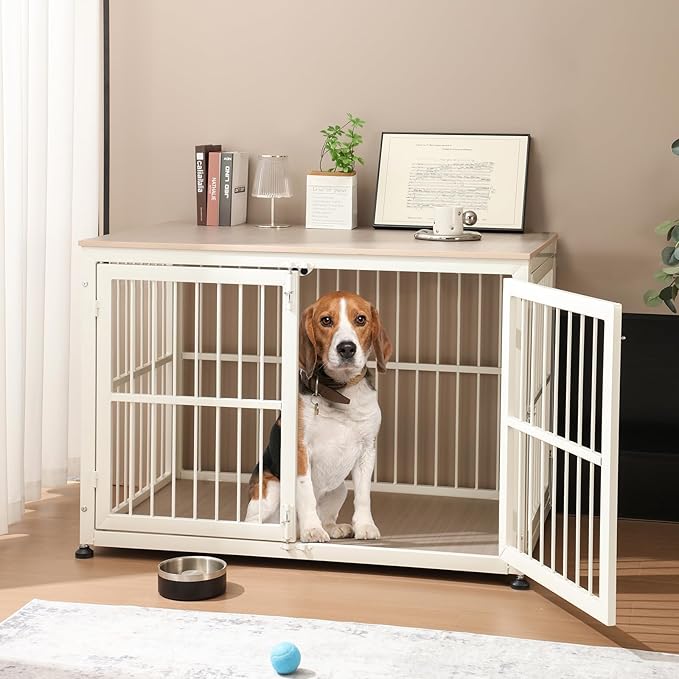 48" Rustic Heavy Duty Dog Crate Furniture for Extra Large Dogs, Decorative Pet House End Table, Wooden Cage Kennel Furniture Indoor, Double-Doors Sturdy Dog Cage-PawvioPets