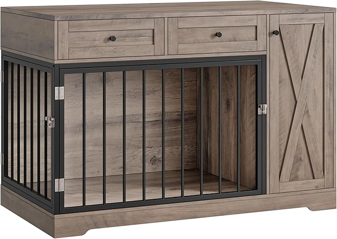 Dog Crate Furniture Kennel with Double Doors Wooden Pet House with 2 Drawers and Storage Cabinet, Indoor Dog Cage Farmhouse Modern Side End Table for Small Medium Dogs, Rustic-PawvioPets