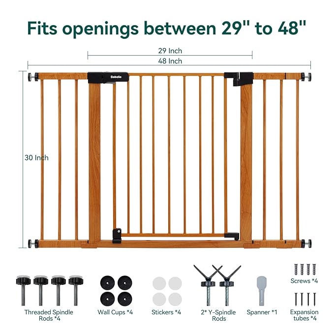 BABELIO 29-48" Metal Baby Gate with Brown Wood Pattern, Auto Close Dog Gate for The House, Stairs and Doorways, Pressure Mounted Pet Gate with Door, Safety Gate for Child and Pets-PawvioPets
