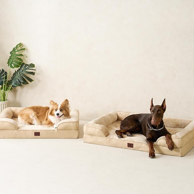 EHEYCIGA Orthopedic Dog Beds for Large Dogs, Waterproof Memory Foam Large Dog Bed with Sides, Non-Slip Bottom and Egg-Crate Foam Pet Couch Bed with Washable Removable Cover, Greige-PawvioPets
