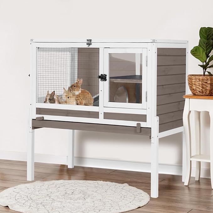 Aivituvin Rabbit Hutch with Stand Wooden Bunny Cage Indoor 2 Story Guinea Pig House with Anti Chew Ramp, No Leak Tray, Hideout, Wire Mesh (Brown)-PawvioPets