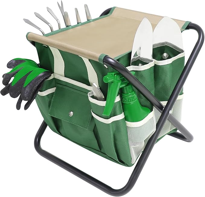 Garden Tool Set, 10 Piece Kit with Heavy Duty Folding Stool, Detachable Storage Tote Bag, Stainless Steel Tools, Gifts for Women Men Green-PawvioPets