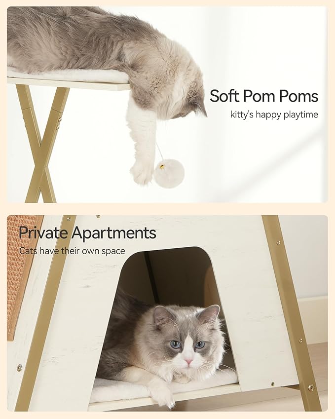 FourFurPets 72.4" Cat Tree, Modern Cat Tower for Indoor Cats, Multi-Level Cat Condo with Caves, Tall Cat Tree with Cat Scratching Board, Wooden Cat Tower with Large Perch, Removable Pads, White-PawvioPets