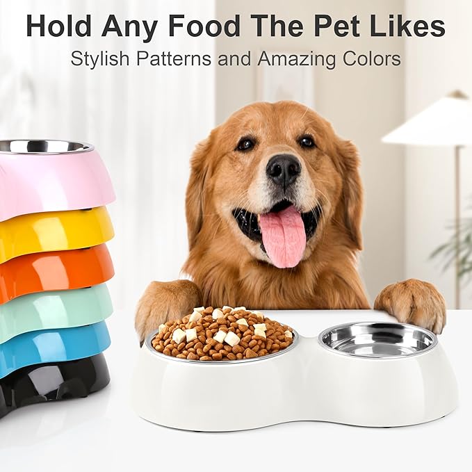 Elevated Dog Bowls Set - Non-Slip Raised Pet Feeder with Medium (10 oz) & Large (20 oz) Stainless Steel Bowls - Includes Durable Resin Stand for Puppies, Adult Dogs & Cats - White-PawvioPets