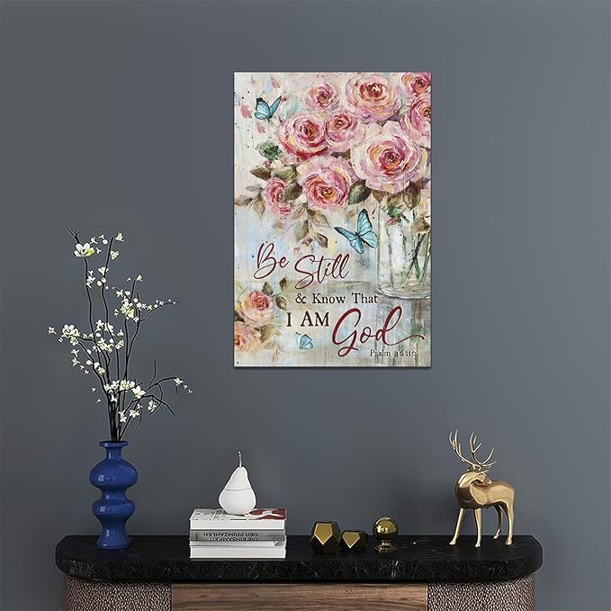 Farmhouse Rose Wall Art Christian Scripture Pictures Pink Rose Wall Decor Rustic Floral Butterfly Canvas Print Painting Artwork for Bathroom Living Room Bedroom 16"x24"-PawvioPets