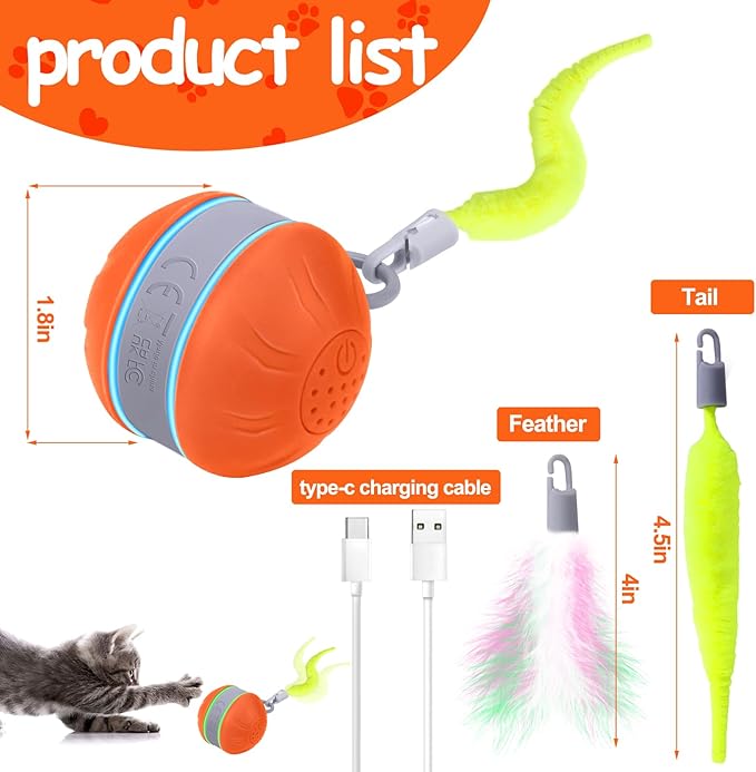 AIERSA Interactive Cat Toys for Indoor Adult Cats, Automatic Self-Play Cat Ball Toy for Kitten to Keep Them Busy, Electric Moving Chase Toy (Orange)-PawvioPets