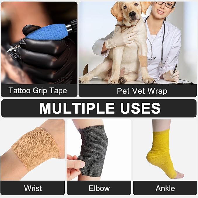 24 Pack Self Adhesive Bandage Wrap, 2” x 5 Yards Elastic Cohesive Bandage Wrap Black Athletic Tape Grip Tape for Ankle, Wrist Sprains, Sports Injuries & Pet First Aid | Medical Sports Tape-PawvioPets