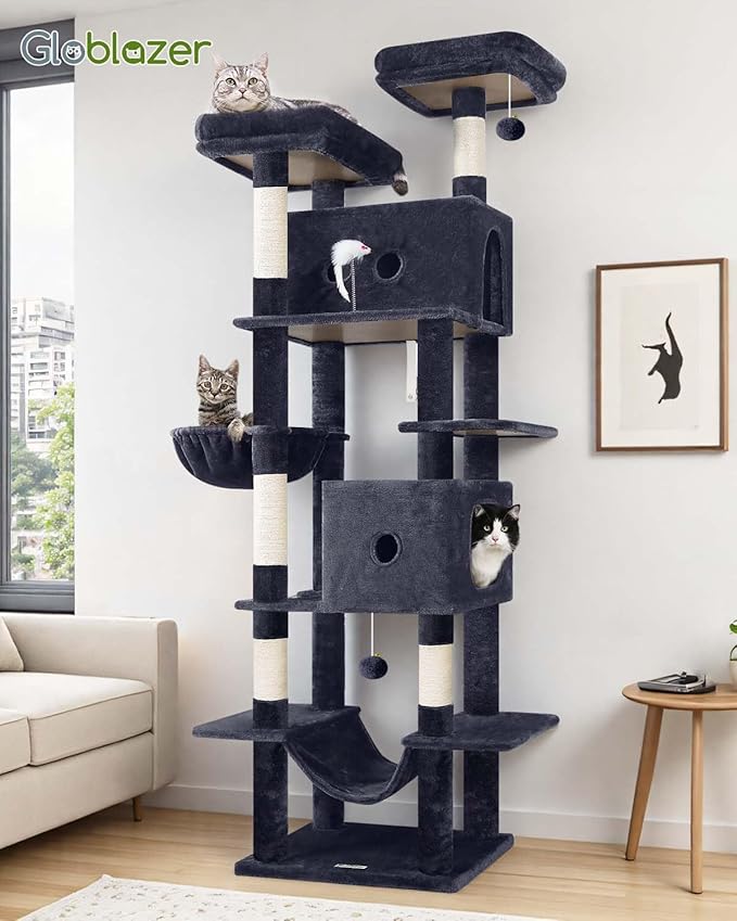 Globlazer Large Cat Tree Tower Condo, 80in Tall Cat Tree for Multiple Indoor Cats Large Adult, XXL Big Cat Climbing Tower with Cat Caves, Sisal Scratching Posts, Top Perches, Hammock, S80B, Dark Gray-PawvioPets
