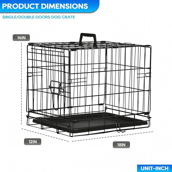 FDW Dog Crate for Small Dogs 18 Inch Folding Metal Wire Pet Cage Double Door W/Divider Panel Indoor Outdoor Kennel Leak-Proof Plastic Tray,Black-PawvioPets