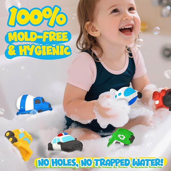 6 PCS Vehicle Floating Bath Toys Mold Free Infant Bath Tub Toys for 12 Months - No Hole Bathtub Toys for Toddlers 1-3 Water Pool Toys for Baby Toddler Ages 1+-PawvioPets