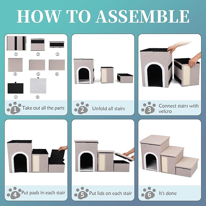 Dog Steps for Bed and Couch, 17”H Foldable Dog Stairs for Small Older Dogs Cats, Adjustable Pet Cat Stairs Ramps with Storage with Condo, Scratcher, Hold Up to 180LBS, Pet Cat Steps Beige-PawvioPets