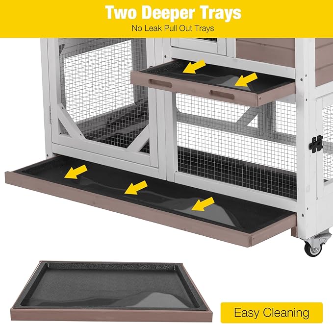 Aivituvin Rabbit Cage Indoor Outdoor Bunny Hutch on Wheels, 2 Story Wood Guinea Pig Cages with 2 Deeper Pull Out Trays-PawvioPets