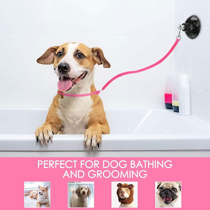 Frienda 4 Pieces Dog Bathing Tether with Suction Cup Pet Dog Grooming Tub Restraint Loops and Adjustable Cat Fixed Safety Rope for Pet Shower Bathing Grooming(Blue Black Pink)-PawvioPets