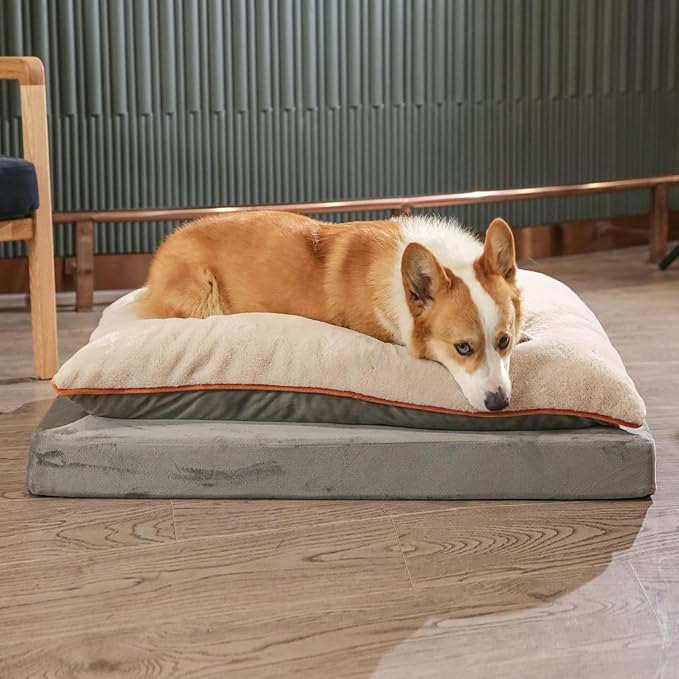 Amazon Basics Dog Bed with Cooling Gel Memory Foam, Pressure-Relief Support for Dogs up to 50lbs, Non-Slip Bottom, Machine Washable Cover, Large Sized (36" x 27"), Grey-PawvioPets