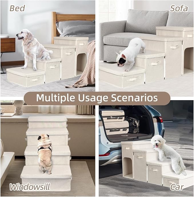 Dog Stairs with Storage, Folding Pet Steps with Zip for Small Dogs and Cats, 4-Step Pet Stairs with Pet House for High Bed, Couch and Car Ramp, Up to 200 Lbs (Beige, 4 Steps with Condo)-PawvioPets