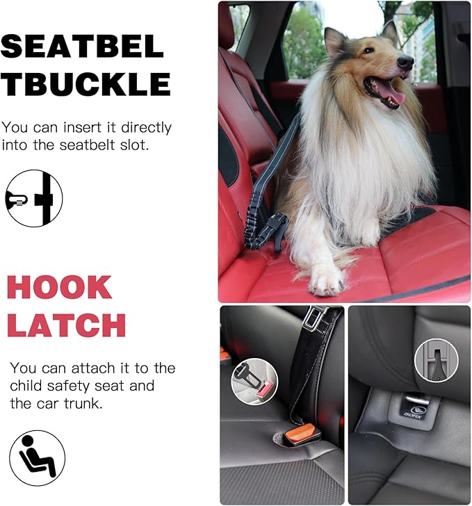 AUBELL Dog Seat Belt for Car,2 Pack Set 3-in-1 Adjustable Reflective Bungee Heavy Duty Dog Car Harness Tether with Clip Hook Latch & Buckle,Swivel Zinc Alloy Carabiner,Black+Black-PawvioPets