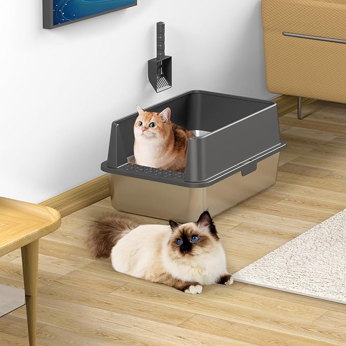 2PACK Stainless Steel Cat Litter Box with High Sides Lid, Extra Large XL Litter Box for Big Cats, Metal Kitty Litter Boxes with Anti-Leakage Enclosure,Non-Stick,Odorless,Scoop Included-PawvioPets