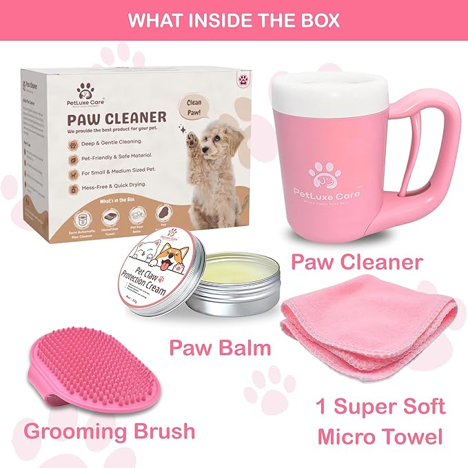 Dog Paw Cleaner for Small & Medium Dogs – Portable Paw Washer Cup with Soft Silicone Brush, Towel & Moisturizing Balm – Gently Cleans Muddy Paws After Walks (Pink, Medium)-PawvioPets