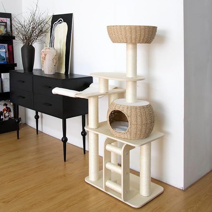 54 Inch Cat Tree for Indoor Cats, Tall Wooden Cat Tower with Scratching Posts, Rattan Condo and Perch, Multi-Level Cat Climber, Stylish Pet Furniture-PawvioPets