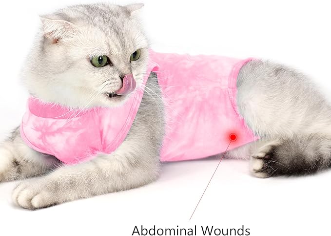 Cat Recovery Suit for Male and Female Surgical Post Surgery Soft Cone Onesie Tie Dye Cats Shirt Clothes Neuter Licking Protective Diapers Outfit Cover Kitten Spay Collar Alternative(Pink, M)-PawvioPets