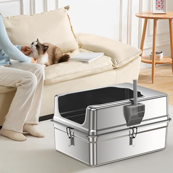 All-Metal 28" Extra Large Stainless Steel Cat Litter Boxes with Lid Metal Cat Litterbox Pan for Big Cats and Multiple Cats, Anti-Leakage, Easy Cleaning, Include Scoop-PawvioPets