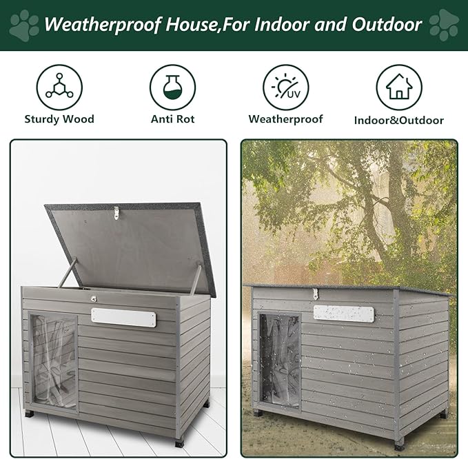 43.3" L Dog House Outdoor for Large Breeds Dogs Anti Chewing Iron Frames Dog Kennel Wooden Pet Houses for Indoor Outdoor with Weatherproof Roof,6 Elevated Feet, Reinforced Bottom Support-PawvioPets