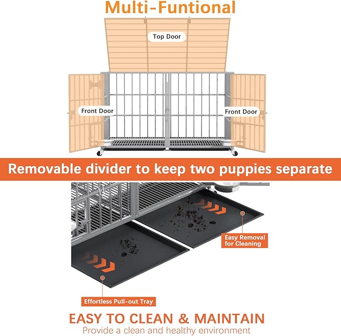 aboxoo 48/42 inch Heavy Duty Metal Dog Crate for 2 Dogs/Large Dog,All Metal Open Top,Dog Kennel Indoor with Wheels,Floor Grid, Tray, Divider and Feeding Bowl (Sliver)-PawvioPets