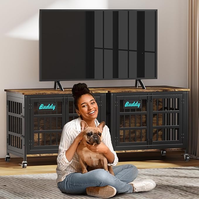 EasyCom 33"/27" Dog Crate Furniture with Name Tag, Heavy Duty Dog Kennel Indoor for Medium and Small Dogs, Double-Doors Sturdy Metal Dog Cage, Decorate House as TV Stand, End Table, Bedside Table-PawvioPets