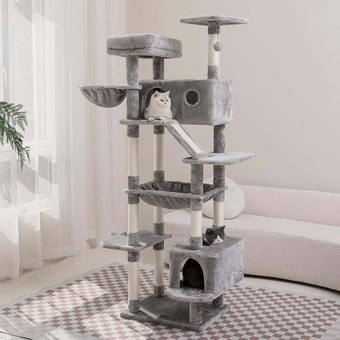 73 inches Large Cat Tree for Indoor Cats, Tall Cat Tower with Sisal Scratching Posts and Pads, Padded Plush Perch, Cozy Basket, Plush Condo for Large Cats (Grey)-PawvioPets