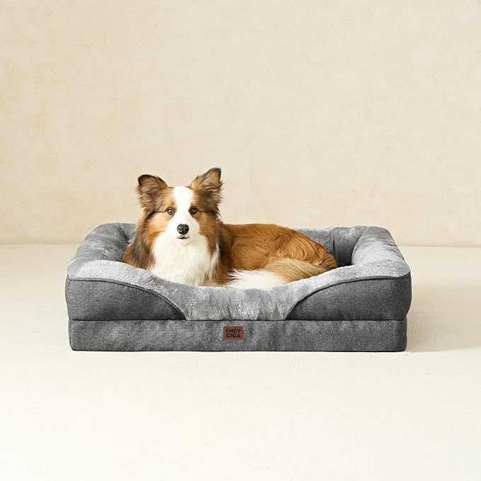 EHEYCIGA Memory Foam Dog Bed for Large Sized, Orthopedic Dog Sofa with Sides and Waterproof Liner, Washable Bolster Pet Couch with Removable Cover, 41x27x7.5 Inch, Grey-PawvioPets