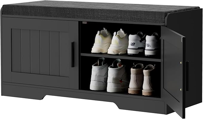 2-Tier Storage Bench, Shoe Bench with Thickened Padded Seat Cushion, Entryway Bench with 2 Doors, Adjustable Shelf, 13.8" D x 37.4" W x 18.5" H, for Entryway, Living Room, Bedroom, Black-PawvioPets