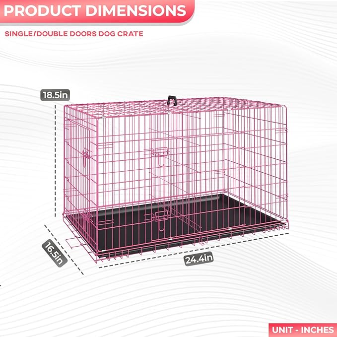 FDW Dog Crate for Small Dogs 24 Inch Folding Metal WirePet Cage Double Door W/Divider Panel Indoor Outdoor Kennel Leak-Proof Plastic Tray,Pink-PawvioPets