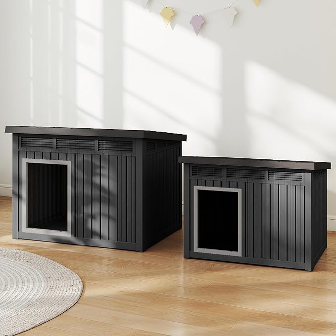 Dog House Indoor Outdoor,Resin Waterproof Puppy Shelter with Air Vents and Elevated Floor,Air Rod on Top to Open,Dog Kennel for Small to Large Dogs(Black,42.87 * 32.95 * 31.61)-PawvioPets