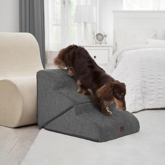 EHEYCIGA Curved Foldable Dog Stairs Ramp for Small Dogs 16" H, 3-Step Dog Steps for Couch Sofa and Chair, Pet Stairs for Cats, Non-Slip Balanced Pet Steps Indoor, Grey-PawvioPets