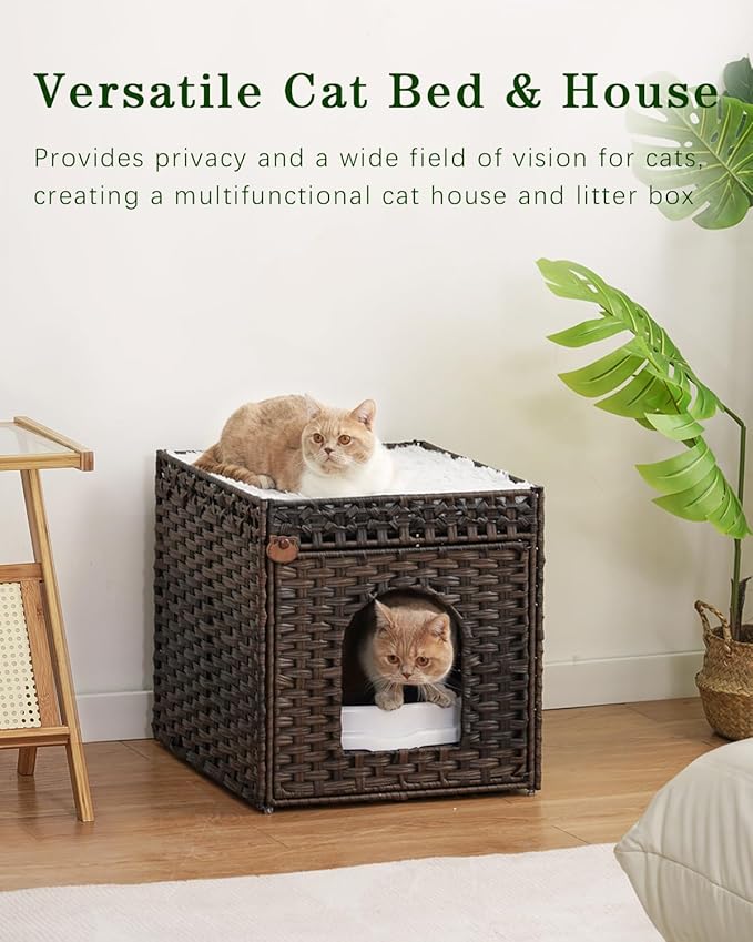 Cat Beds for Indoor Cats Extra Large Double Cat Cave Pet Cube, Handwoven Rattan Cat Houses with Double-Sided Soft Cushions, 18.5 x 20.5 x 19.1 Inches Foldable Hideaway in Living Room Brown-PawvioPets