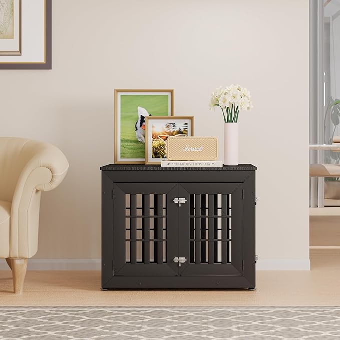 32" Heavy Duty Dog Crate Furniture for Small,Medium and Large Dogs,Rustic Wooden Dog Cage Kennel Indoor Furniture with Waterproof Top,Decorative Pet House Side End Table (Black)-PawvioPets