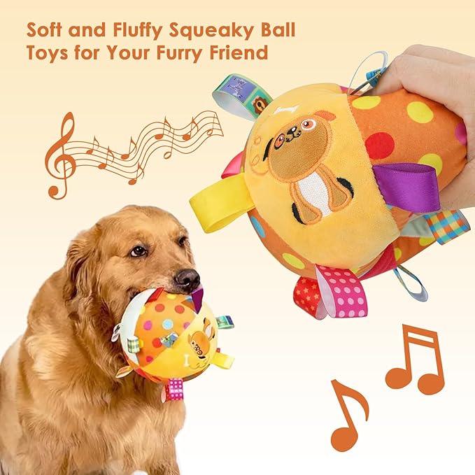 Dog Squeaky Plush Toy with Straps, 6-Inch Soft Stuffed Ball with Cotton Material and Bell Built-in, Pet Interactive Fetch Toy for Small to Large Dog-PawvioPets