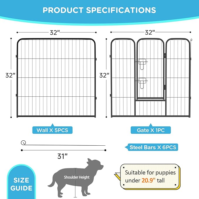 BestPet | Dog Playpen | 32 Inch, 6 Panels | Heavy Duty Metal Pet Exercise Pen | Indoor Outdoor Fence Panels | Rust-Resistant, Removable, Tool-Free Setup | Anti-Skid, Expandable Design-PawvioPets