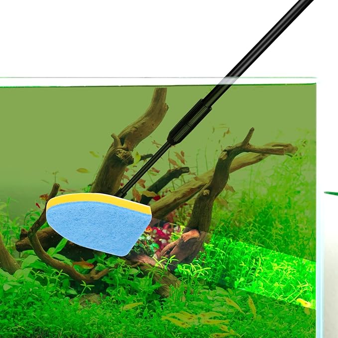 AQQA Aquarium Cleaning Tools Multifunctional 6-in-1 Fish Tank Cleaning Kits with Telesopic Handle Alage Scraper Sponge Scrubber Stiff Brush Plant Fork Gravel Rake Fish Net-PawvioPets