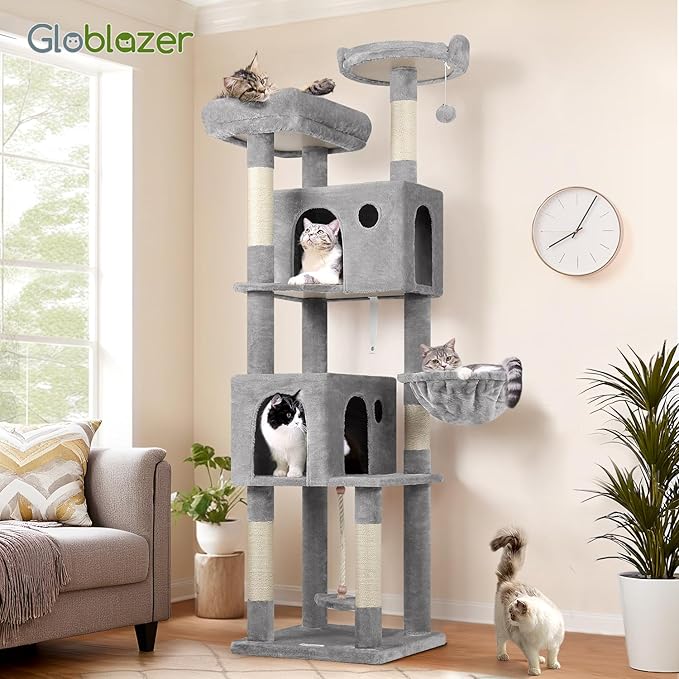 Globlazer Cat Tree, 70 inch Tall Scratching Tower Multi-Level Cat Condo for Indoor Multiple Cats with 2 Large Cat Caves, Top Perch, Large Platform, Bottom Swing, F70B, Light Grey-PawvioPets