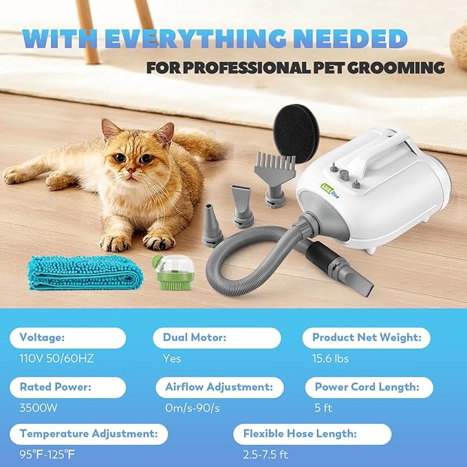 Dog Dryer for Pet Grooming Professional, 6HP/3500W High Velocity Blow Dryer for Dogs, Dual Motor Pet Dryer, Adjustable Temperature 95-125℉ & Airflow 0-90 M/S, 2.5-7.5 FT Hose with 4 Nozzles-PawvioPets