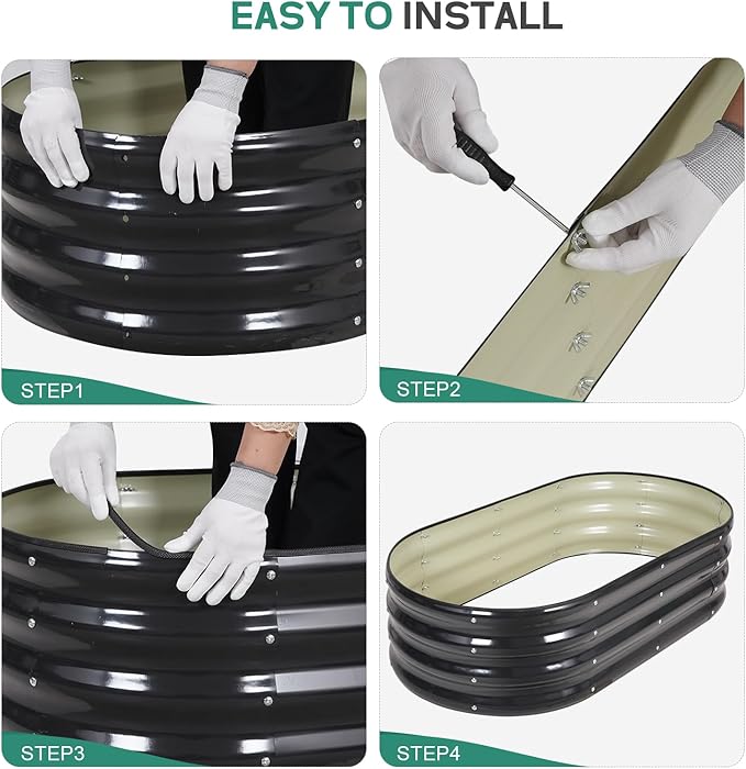 Galvanized Raised Garden Bed Outdoor - 4×2×1ft Planter Raised Beds for Gardening | Oval Metal Garden Planter Box with Safety Edging and Gloves for Vegetables Fruits and Flowers - Grey-PawvioPets