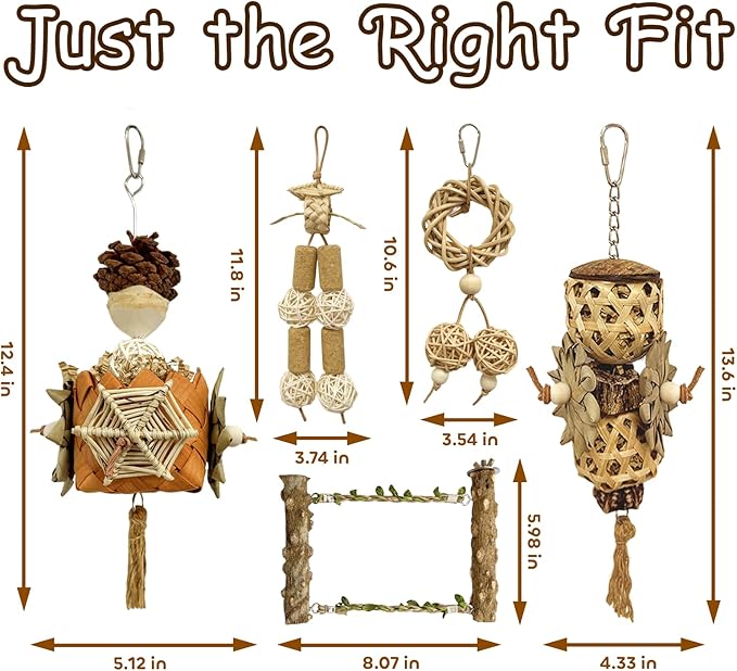 5-Pack Natural Hanging Basket Bird Toys – Foraging & Chewing Toys for Parakeets, Cockatiels, Conures & Small Birds – No Plastic, All-Natural Materials-PawvioPets