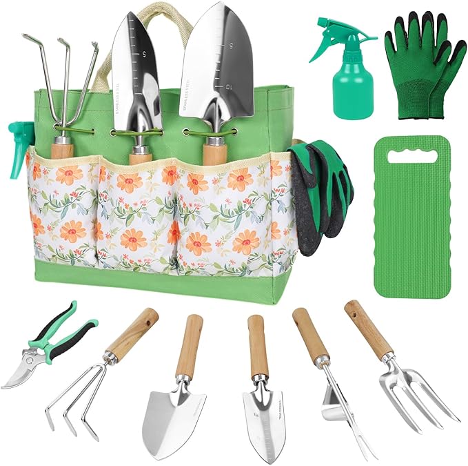 Gardening Tools 10-Piece Heavy Duty Stainless Steel Hand Tools with Durable Garden Tools Storage Tote,Rust-Proof Garden Tool Set, Ideal Gardening Gifts for Women Yellow Floral Pattern Design-PawvioPets
