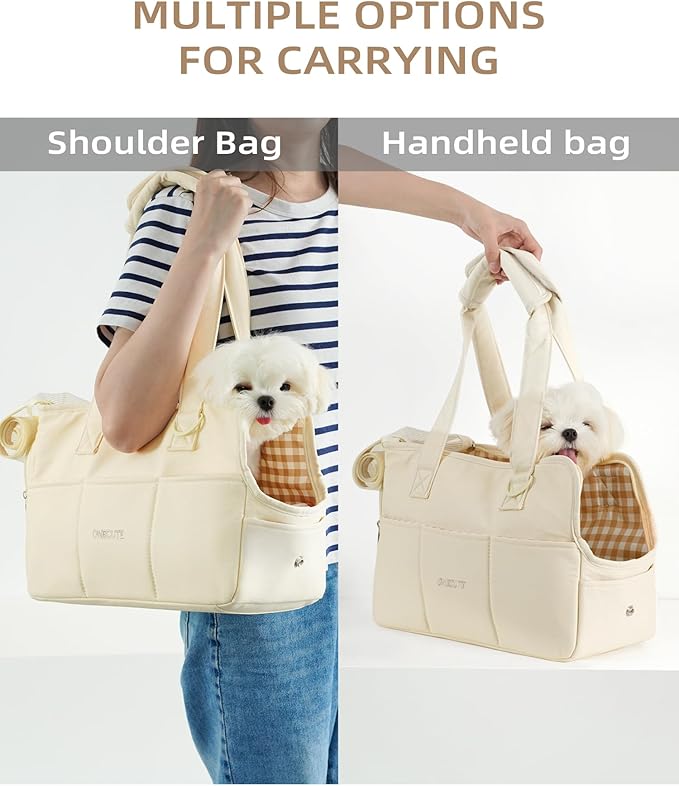 Dog Carrier for Small Dogs Rabbit cat with Large Pockets, Cotton Bag, Dog Carrier Soft Sided, Collapsible Travel Puppy Carrier (Beige, 17" L x 7.5" W x 12" H)-PawvioPets