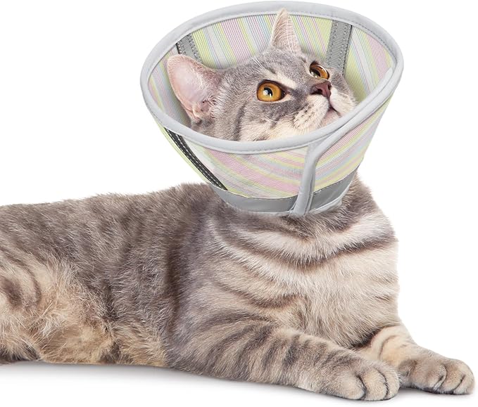 Cat Cone Collar Soft to Stop Licking Scratching, Comfortable Mesh Recovery Kitten Head After Surgery, Lightweight Waterproof Foldable Pet Cone, Donut Cone Alternative (Rainbow, L)-PawvioPets