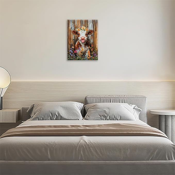 Funny Cow Bathroom Pictures Wall Art, Rustic Brown Cute Cow Bathroom Wall Decor, Farmhouse Floral Framed Painting Animal Flower Canvas Artwork for Bedroom Living Room Decorations 20"L x 16"W-PawvioPets