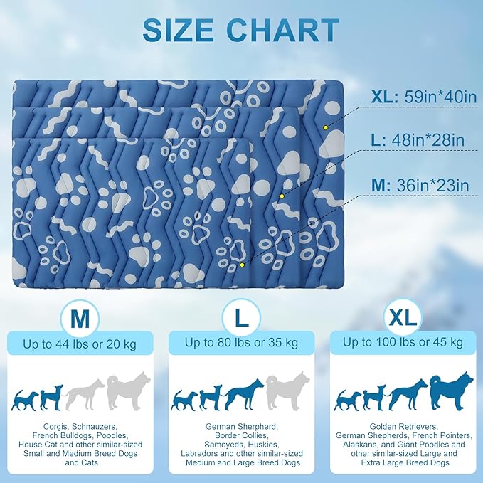 BEAUTYZOO Dog Cooling Mat- Upgraded Thicken Cooling Mat for Large Dogs Reversible(Cool & Warm) Pet Ice Cool Bed Washable & Portable, Summer Crate Pad for Big Dog Puppy Up to 100 lbs, Paw Blue 59X40IN-PawvioPets