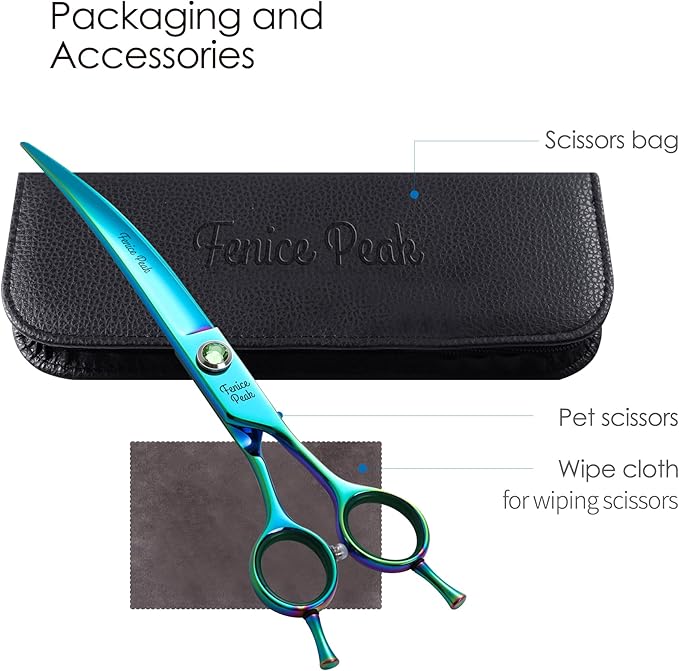Fenice Peak 7.5'' Green Curved Dog Grooming Scissors Pet Shears with Ergonomic Offest Handle and Simulated Emerald Screw 440C Grooming Scissors Trimming Shears Durable and Sharp-PawvioPets